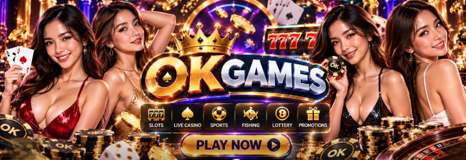 OKGAMES banner: slots, live casino, sports, fishing, lottery and promotions, Play Now